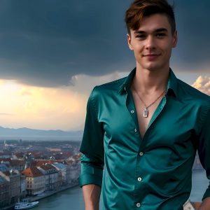 The Beautiful Young Men of the Golden City, is a collection of AI generated images of sexy, glamorous, handsome guys in the heavens. In this fantasy photograph of a young men in their late teens and 20's, overlooking a large golden city in the heavens. Generated to be as realistic as possible, in this this fantasy setting, with todays technology. Wearing jeans, an unbuttoned, vibrant, long-sleeve, button down shirt. The subject is enjoying a beautiful day outdoors. The mystical, galactic landscape, and the vibrant cosmic canopies, every detail, from the texture of the clouds, to the magnificent, majestic gothic architecture of the golden city, is crafted to create an atmosphere of reverence and divine glory. With a breathtaking scene, offering warm golden hour lighting. The heavenly landscape evokes a sense of freedom and tranquility, that is expresses through his facial features and smile, as day turns to night. The heavenly landscape evokes a sense of mysterious black space and light, with a vast galaxy that almost covers the image, the stars and constellations sparkle bright, in dark blue sky.