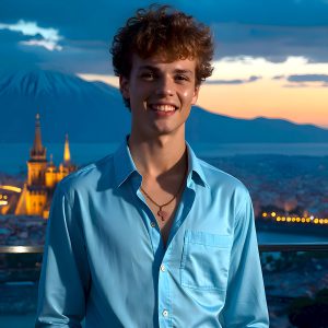 The Beautiful Young Men of the Golden City, is a collection of AI generated images of sexy, glamorous, handsome guys in the heavens. In this fantasy photograph of a young men in their late teens and 20's, overlooking a large golden city in the heavens. Generated to be as realistic as possible, in this this fantasy setting, with todays technology. Wearing jeans, an unbuttoned, vibrant, long-sleeve, button down shirt. The subject is enjoying a beautiful day outdoors. The mystical, galactic landscape, and the vibrant cosmic canopies, every detail, from the texture of the clouds, to the magnificent, majestic gothic architecture of the golden city, is crafted to create an atmosphere of reverence and divine glory. With a breathtaking scene, offering warm golden hour lighting. The heavenly landscape evokes a sense of freedom and tranquility, that is expresses through his facial features and smile, as day turns to night. The heavenly landscape evokes a sense of mysterious black space and light, with a vast galaxy that almost covers the image, the stars and constellations sparkle bright, in dark blue sky.