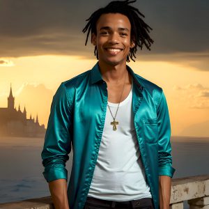 The Beautiful Young Men of the Golden City, is a collection of AI generated images of sexy, glamorous, handsome guys in the heavens. In this fantasy photograph of a young men in their late teens and 20's, overlooking a large golden city in the heavens. Generated to be as realistic as possible, in this this fantasy setting, with todays technology. Wearing jeans, an unbuttoned, vibrant, long-sleeve, button down shirt. The subject is enjoying a beautiful day outdoors. The mystical, galactic landscape, and the vibrant cosmic canopies, every detail, from the texture of the clouds, to the magnificent, majestic gothic architecture of the golden city, is crafted to create an atmosphere of reverence and divine glory. With a breathtaking scene, offering warm golden hour lighting. The heavenly landscape evokes a sense of freedom and tranquility, that is expresses through his facial features and smile, as day turns to night. The heavenly landscape evokes a sense of mysterious black space and light, with a vast galaxy that almost covers the image, the stars and constellations sparkle bright, in dark blue sky.