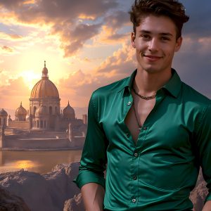 The Beautiful Young Men of the Golden City, is a collection of AI generated images of sexy, glamorous, handsome guys in the heavens. In this fantasy photograph of a young men in their late teens and 20's, overlooking a large golden city in the heavens. Generated to be as realistic as possible, in this this fantasy setting, with todays technology. Wearing jeans, an unbuttoned, vibrant, long-sleeve, button down shirt. The subject is enjoying a beautiful day outdoors. The mystical, galactic landscape, and the vibrant cosmic canopies, every detail, from the texture of the clouds, to the magnificent, majestic gothic architecture of the golden city, is crafted to create an atmosphere of reverence and divine glory. With a breathtaking scene, offering warm golden hour lighting. The heavenly landscape evokes a sense of freedom and tranquility, that is expresses through his facial features and smile, as day turns to night. The heavenly landscape evokes a sense of mysterious black space and light, with a vast galaxy that almost covers the image, the stars and constellations sparkle bright, in dark blue sky.