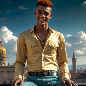 The Beautiful Young Men of the Golden City, is a collection of AI generated images of sexy, glamorous, handsome guys in the heavens. In this fantasy photograph of a young men in their late teens and 20's, overlooking a large golden city in the heavens. Generated to be as realistic as possible, in this this fantasy setting, with todays technology. Wearing jeans, an unbuttoned, vibrant, long-sleeve, button down shirt. The subject is enjoying a beautiful day outdoors. The mystical, galactic landscape, and the vibrant cosmic canopies, every detail, from the texture of the clouds, to the magnificent, majestic gothic architecture of the golden city, is crafted to create an atmosphere of reverence and divine glory. With a breathtaking scene, offering warm golden hour lighting. The heavenly landscape evokes a sense of freedom and tranquility, that is expresses through his facial features and smile, as day turns to night. The heavenly landscape evokes a sense of mysterious black space and light, with a vast galaxy that almost covers the image, the stars and constellations sparkle bright, in dark blue sky.