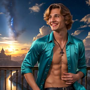 The Beautiful Young Men of the Golden City, is a collection of AI generated images of sexy, glamorous, handsome guys in the heavens. In this fantasy photograph of a young men in their late teens and 20's, overlooking a large golden city in the heavens. Generated to be as realistic as possible, in this this fantasy setting, with todays technology. Wearing jeans, an unbuttoned, vibrant, long-sleeve, button down shirt. The subject is enjoying a beautiful day outdoors. The mystical, galactic landscape, and the vibrant cosmic canopies, every detail, from the texture of the clouds, to the magnificent, majestic gothic architecture of the golden city, is crafted to create an atmosphere of reverence and divine glory. With a breathtaking scene, offering warm golden hour lighting. The heavenly landscape evokes a sense of freedom and tranquility, that is expresses through his facial features and smile, as day turns to night. The heavenly landscape evokes a sense of mysterious black space and light, with a vast galaxy that almost covers the image, the stars and constellations sparkle bright, in dark blue sky.