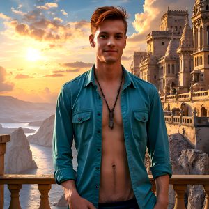 The Beautiful Young Men of the Golden City, is a collection of AI generated images of sexy, glamorous, handsome guys in the heavens. In this fantasy photograph of a young men in their late teens and 20's, overlooking a large golden city in the heavens. Generated to be as realistic as possible, in this this fantasy setting, with todays technology. Wearing jeans, an unbuttoned, vibrant, long-sleeve, button down shirt. The subject is enjoying a beautiful day outdoors. The mystical, galactic landscape, and the vibrant cosmic canopies, every detail, from the texture of the clouds, to the magnificent, majestic gothic architecture of the golden city, is crafted to create an atmosphere of reverence and divine glory. With a breathtaking scene, offering warm golden hour lighting. The heavenly landscape evokes a sense of freedom and tranquility, that is expresses through his facial features and smile, as day turns to night. The heavenly landscape evokes a sense of mysterious black space and light, with a vast galaxy that almost covers the image, the stars and constellations sparkle bright, in dark blue sky.