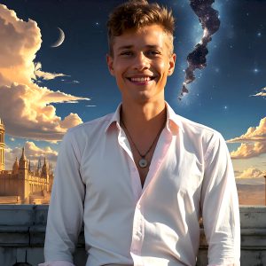 The Beautiful Young Men of the Golden City, is a collection of AI generated images of sexy, glamorous, handsome guys in the heavens. In this fantasy photograph of a young men in their late teens and 20's, overlooking a large golden city in the heavens. Generated to be as realistic as possible, in this this fantasy setting, with todays technology. Wearing jeans, an unbuttoned, vibrant, long-sleeve, button down shirt. The subject is enjoying a beautiful day outdoors. The mystical, galactic landscape, and the vibrant cosmic canopies, every detail, from the texture of the clouds, to the magnificent, majestic gothic architecture of the golden city, is crafted to create an atmosphere of reverence and divine glory. With a breathtaking scene, offering warm golden hour lighting. The heavenly landscape evokes a sense of freedom and tranquility, that is expresses through his facial features and smile, as day turns to night. The heavenly landscape evokes a sense of mysterious black space and light, with a vast galaxy that almost covers the image, the stars and constellations sparkle bright, in dark blue sky.