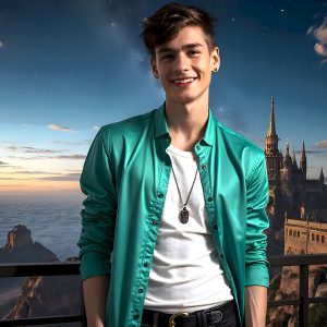The Beautiful Young Men of the Golden City, is a collection of AI generated images of sexy, glamorous, handsome guys in the heavens. In this fantasy photograph of a young men in their late teens and 20's, overlooking a large golden city in the heavens. Generated to be as realistic as possible, in this this fantasy setting, with todays technology. Wearing jeans, an unbuttoned, vibrant, long-sleeve, button down shirt. The subject is enjoying a beautiful day outdoors. The mystical, galactic landscape, and the vibrant cosmic canopies, every detail, from the texture of the clouds, to the magnificent, majestic gothic architecture of the golden city, is crafted to create an atmosphere of reverence and divine glory. With a breathtaking scene, offering warm golden hour lighting. The heavenly landscape evokes a sense of freedom and tranquility, that is expresses through his facial features and smile, as day turns to night. The heavenly landscape evokes a sense of mysterious black space and light, with a vast galaxy that almost covers the image, the stars and constellations sparkle bright, in dark blue sky.