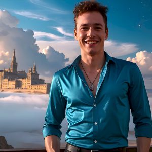 The Beautiful Young Men of the Golden City, is a collection of AI generated images of sexy, glamorous, handsome guys in the heavens. In this fantasy photograph of a young men in their late teens and 20's, overlooking a large golden city in the heavens. Generated to be as realistic as possible, in this this fantasy setting, with todays technology. Wearing jeans, an unbuttoned, vibrant, long-sleeve, button down shirt. The subject is enjoying a beautiful day outdoors. The mystical, galactic landscape, and the vibrant cosmic canopies, every detail, from the texture of the clouds, to the magnificent, majestic gothic architecture of the golden city, is crafted to create an atmosphere of reverence and divine glory. With a breathtaking scene, offering warm golden hour lighting. The heavenly landscape evokes a sense of freedom and tranquility, that is expresses through his facial features and smile, as day turns to night. The heavenly landscape evokes a sense of mysterious black space and light, with a vast galaxy that almost covers the image, the stars and constellations sparkle bright, in dark blue sky.