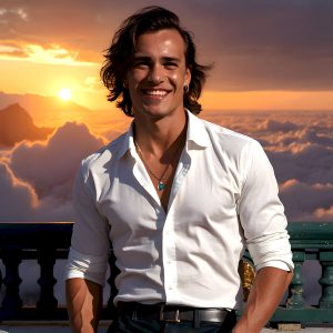 The Beautiful Young Men of the Golden City, is a collection of AI generated images of sexy, glamorous, handsome guys in the heavens. In this fantasy photograph of a young men in their late teens and 20's, overlooking a large golden city in the heavens. Generated to be as realistic as possible, in this this fantasy setting, with todays technology. Wearing jeans, an unbuttoned, vibrant, long-sleeve, button down shirt. The subject is enjoying a beautiful day outdoors. The mystical, galactic landscape, and the vibrant cosmic canopies, every detail, from the texture of the clouds, to the magnificent, majestic gothic architecture of the golden city, is crafted to create an atmosphere of reverence and divine glory. With a breathtaking scene, offering warm golden hour lighting. The heavenly landscape evokes a sense of freedom and tranquility, that is expresses through his facial features and smile, as day turns to night. The heavenly landscape evokes a sense of mysterious black space and light, with a vast galaxy that almost covers the image, the stars and constellations sparkle bright, in dark blue sky.