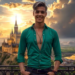 The Beautiful Young Men of the Golden City, is a collection of AI generated images of sexy, glamorous, handsome guys in the heavens. In this fantasy photograph of a young men in their late teens and 20's, overlooking a large golden city in the heavens. Generated to be as realistic as possible, in this this fantasy setting, with todays technology. Wearing jeans, an unbuttoned, vibrant, long-sleeve, button down shirt. The subject is enjoying a beautiful day outdoors. The mystical, galactic landscape, and the vibrant cosmic canopies, every detail, from the texture of the clouds, to the magnificent, majestic gothic architecture of the golden city, is crafted to create an atmosphere of reverence and divine glory. With a breathtaking scene, offering warm golden hour lighting. The heavenly landscape evokes a sense of freedom and tranquility, that is expresses through his facial features and smile, as day turns to night. The heavenly landscape evokes a sense of mysterious black space and light, with a vast galaxy that almost covers the image, the stars and constellations sparkle bright, in dark blue sky.