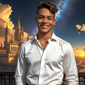 The Beautiful Young Men of the Golden City, is a collection of AI generated images of sexy, glamorous, handsome guys in the heavens. In this fantasy photograph of a young men in their late teens and 20's, overlooking a large golden city in the heavens. Generated to be as realistic as possible, in this this fantasy setting, with todays technology. Wearing jeans, an unbuttoned, vibrant, long-sleeve, button down shirt. The subject is enjoying a beautiful day outdoors. The mystical, galactic landscape, and the vibrant cosmic canopies, every detail, from the texture of the clouds, to the magnificent, majestic gothic architecture of the golden city, is crafted to create an atmosphere of reverence and divine glory. With a breathtaking scene, offering warm golden hour lighting. The heavenly landscape evokes a sense of freedom and tranquility, that is expresses through his facial features and smile, as day turns to night. The heavenly landscape evokes a sense of mysterious black space and light, with a vast galaxy that almost covers the image, the stars and constellations sparkle bright, in dark blue sky.