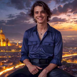 The Beautiful Young Men of the Golden City, is a collection of AI generated images of sexy, glamorous, handsome guys in the heavens. In this fantasy photograph of a young men in their late teens and 20's, overlooking a large golden city in the heavens. Generated to be as realistic as possible, in this this fantasy setting, with todays technology. Wearing jeans, an unbuttoned, vibrant, long-sleeve, button down shirt. The subject is enjoying a beautiful day outdoors. The mystical, galactic landscape, and the vibrant cosmic canopies, every detail, from the texture of the clouds, to the magnificent, majestic gothic architecture of the golden city, is crafted to create an atmosphere of reverence and divine glory. With a breathtaking scene, offering warm golden hour lighting. The heavenly landscape evokes a sense of freedom and tranquility, that is expresses through his facial features and smile, as day turns to night. The heavenly landscape evokes a sense of mysterious black space and light, with a vast galaxy that almost covers the image, the stars and constellations sparkle bright, in dark blue sky.