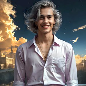 The Beautiful Young Men of the Golden City, is a collection of AI generated images of sexy, glamorous, handsome guys in the heavens. In this fantasy photograph of a young men in their late teens and 20's, overlooking a large golden city in the heavens. Generated to be as realistic as possible, in this this fantasy setting, with todays technology. Wearing jeans, an unbuttoned, vibrant, long-sleeve, button down shirt. The subject is enjoying a beautiful day outdoors. The mystical, galactic landscape, and the vibrant cosmic canopies, every detail, from the texture of the clouds, to the magnificent, majestic gothic architecture of the golden city, is crafted to create an atmosphere of reverence and divine glory. With a breathtaking scene, offering warm golden hour lighting. The heavenly landscape evokes a sense of freedom and tranquility, that is expresses through his facial features and smile, as day turns to night. The heavenly landscape evokes a sense of mysterious black space and light, with a vast galaxy that almost covers the image, the stars and constellations sparkle bright, in dark blue sky.