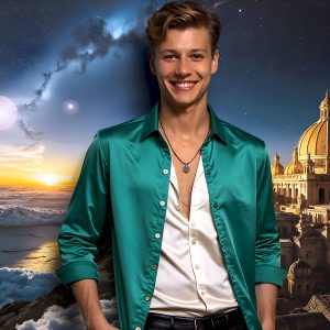 The Beautiful Young Men of the Golden City, is a collection of AI generated images of sexy, glamorous, handsome guys in the heavens. In this fantasy photograph of a young men in their late teens and 20's, overlooking a large golden city in the heavens. Generated to be as realistic as possible, in this this fantasy setting, with todays technology. Wearing jeans, an unbuttoned, vibrant, long-sleeve, button down shirt. The subject is enjoying a beautiful day outdoors. The mystical, galactic landscape, and the vibrant cosmic canopies, every detail, from the texture of the clouds, to the magnificent, majestic gothic architecture of the golden city, is crafted to create an atmosphere of reverence and divine glory. With a breathtaking scene, offering warm golden hour lighting. The heavenly landscape evokes a sense of freedom and tranquility, that is expresses through his facial features and smile, as day turns to night. The heavenly landscape evokes a sense of mysterious black space and light, with a vast galaxy that almost covers the image, the stars and constellations sparkle bright, in dark blue sky.