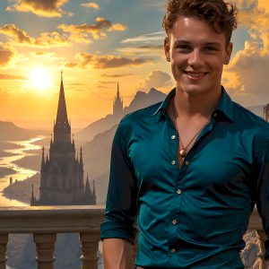The Beautiful Young Men of the Golden City, is a collection of AI generated images of sexy, glamorous, handsome guys in the heavens. In this fantasy photograph of a young men in their late teens and 20's, overlooking a large golden city in the heavens. Generated to be as realistic as possible, in this this fantasy setting, with todays technology. Wearing jeans, an unbuttoned, vibrant, long-sleeve, button down shirt. The subject is enjoying a beautiful day outdoors. The mystical, galactic landscape, and the vibrant cosmic canopies, every detail, from the texture of the clouds, to the magnificent, majestic gothic architecture of the golden city, is crafted to create an atmosphere of reverence and divine glory. With a breathtaking scene, offering warm golden hour lighting. The heavenly landscape evokes a sense of freedom and tranquility, that is expresses through his facial features and smile, as day turns to night. The heavenly landscape evokes a sense of mysterious black space and light, with a vast galaxy that almost covers the image, the stars and constellations sparkle bright, in dark blue sky.