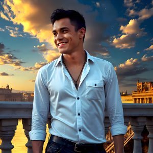 The Beautiful Young Men of the Golden City, is a collection of AI generated images of sexy, glamorous, handsome guys in the heavens. In this fantasy photograph of a young men in their late teens and 20's, overlooking a large golden city in the heavens. Generated to be as realistic as possible, in this this fantasy setting, with todays technology. Wearing jeans, an unbuttoned, vibrant, long-sleeve, button down shirt. The subject is enjoying a beautiful day outdoors. The mystical, galactic landscape, and the vibrant cosmic canopies, every detail, from the texture of the clouds, to the magnificent, majestic gothic architecture of the golden city, is crafted to create an atmosphere of reverence and divine glory. With a breathtaking scene, offering warm golden hour lighting. The heavenly landscape evokes a sense of freedom and tranquility, that is expresses through his facial features and smile, as day turns to night. The heavenly landscape evokes a sense of mysterious black space and light, with a vast galaxy that almost covers the image, the stars and constellations sparkle bright, in dark blue sky.