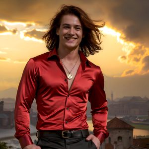 The Beautiful Young Men of the Golden City, is a collection of AI generated images of sexy, glamorous, handsome guys in the heavens. In this fantasy photograph of a young men in their late teens and 20's, overlooking a large golden city in the heavens. Generated to be as realistic as possible, in this this fantasy setting, with todays technology. Wearing jeans, an unbuttoned, vibrant, long-sleeve, button down shirt. The subject is enjoying a beautiful day outdoors. The mystical, galactic landscape, and the vibrant cosmic canopies, every detail, from the texture of the clouds, to the magnificent, majestic gothic architecture of the golden city, is crafted to create an atmosphere of reverence and divine glory. With a breathtaking scene, offering warm golden hour lighting. The heavenly landscape evokes a sense of freedom and tranquility, that is expresses through his facial features and smile, as day turns to night. The heavenly landscape evokes a sense of mysterious black space and light, with a vast galaxy that almost covers the image, the stars and constellations sparkle bright, in dark blue sky.