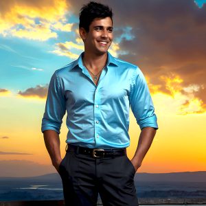 The Beautiful Young Men of the Golden City, is a collection of AI generated images of sexy, glamorous, handsome guys in the heavens. In this fantasy photograph of a young men in their late teens and 20's, overlooking a large golden city in the heavens. Generated to be as realistic as possible, in this this fantasy setting, with todays technology. Wearing jeans, an unbuttoned, vibrant, long-sleeve, button down shirt. The subject is enjoying a beautiful day outdoors. The mystical, galactic landscape, and the vibrant cosmic canopies, every detail, from the texture of the clouds, to the magnificent, majestic gothic architecture of the golden city, is crafted to create an atmosphere of reverence and divine glory. With a breathtaking scene, offering warm golden hour lighting. The heavenly landscape evokes a sense of freedom and tranquility, that is expresses through his facial features and smile, as day turns to night. The heavenly landscape evokes a sense of mysterious black space and light, with a vast galaxy that almost covers the image, the stars and constellations sparkle bright, in dark blue sky.