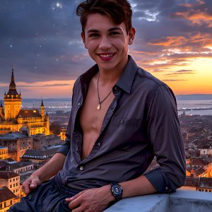The Beautiful Young Men of the Golden City, is a collection of AI generated images of sexy, glamorous, handsome guys in the heavens. In this fantasy photograph of a young men in their late teens and 20's, overlooking a large golden city in the heavens. Generated to be as realistic as possible, in this this fantasy setting, with todays technology. Wearing jeans, an unbuttoned, vibrant, long-sleeve, button down shirt. The subject is enjoying a beautiful day outdoors. The mystical, galactic landscape, and the vibrant cosmic canopies, every detail, from the texture of the clouds, to the magnificent, majestic gothic architecture of the golden city, is crafted to create an atmosphere of reverence and divine glory. With a breathtaking scene, offering warm golden hour lighting. The heavenly landscape evokes a sense of freedom and tranquility, that is expresses through his facial features and smile, as day turns to night. The heavenly landscape evokes a sense of mysterious black space and light, with a vast galaxy that almost covers the image, the stars and constellations sparkle bright, in dark blue sky.