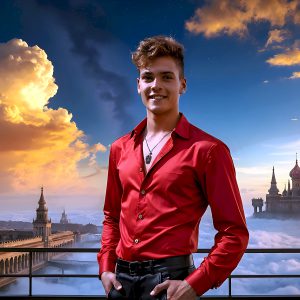 The Beautiful Young Men of the Golden City, is a collection of AI generated images of sexy, glamorous, handsome guys in the heavens. In this fantasy photograph of a young men in their late teens and 20's, overlooking a large golden city in the heavens. Generated to be as realistic as possible, in this this fantasy setting, with todays technology. Wearing jeans, an unbuttoned, vibrant, long-sleeve, button down shirt. The subject is enjoying a beautiful day outdoors. The mystical, galactic landscape, and the vibrant cosmic canopies, every detail, from the texture of the clouds, to the magnificent, majestic gothic architecture of the golden city, is crafted to create an atmosphere of reverence and divine glory. With a breathtaking scene, offering warm golden hour lighting. The heavenly landscape evokes a sense of freedom and tranquility, that is expresses through his facial features and smile, as day turns to night. The heavenly landscape evokes a sense of mysterious black space and light, with a vast galaxy that almost covers the image, the stars and constellations sparkle bright, in dark blue sky.