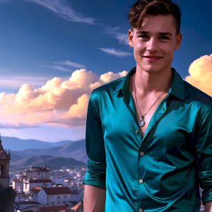 The Beautiful Young Men of the Golden City, is a collection of AI generated images of sexy, glamorous, handsome guys in the heavens. In this fantasy photograph of a young men in their late teens and 20's, overlooking a large golden city in the heavens. Generated to be as realistic as possible, in this this fantasy setting, with todays technology. Wearing jeans, an unbuttoned, vibrant, long-sleeve, button down shirt. The subject is enjoying a beautiful day outdoors. The mystical, galactic landscape, and the vibrant cosmic canopies, every detail, from the texture of the clouds, to the magnificent, majestic gothic architecture of the golden city, is crafted to create an atmosphere of reverence and divine glory. With a breathtaking scene, offering warm golden hour lighting. The heavenly landscape evokes a sense of freedom and tranquility, that is expresses through his facial features and smile, as day turns to night. The heavenly landscape evokes a sense of mysterious black space and light, with a vast galaxy that almost covers the image, the stars and constellations sparkle bright, in dark blue sky.