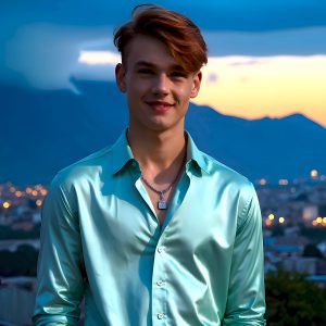 The Beautiful Young Men of the Golden City, is a collection of AI generated images of sexy, glamorous, handsome guys in the heavens. In this fantasy photograph of a young men in their late teens and 20's, overlooking a large golden city in the heavens. Generated to be as realistic as possible, in this this fantasy setting, with todays technology. Wearing jeans, an unbuttoned, vibrant, long-sleeve, button down shirt. The subject is enjoying a beautiful day outdoors. The mystical, galactic landscape, and the vibrant cosmic canopies, every detail, from the texture of the clouds, to the magnificent, majestic gothic architecture of the golden city, is crafted to create an atmosphere of reverence and divine glory. With a breathtaking scene, offering warm golden hour lighting. The heavenly landscape evokes a sense of freedom and tranquility, that is expresses through his facial features and smile, as day turns to night. The heavenly landscape evokes a sense of mysterious black space and light, with a vast galaxy that almost covers the image, the stars and constellations sparkle bright, in dark blue sky.
