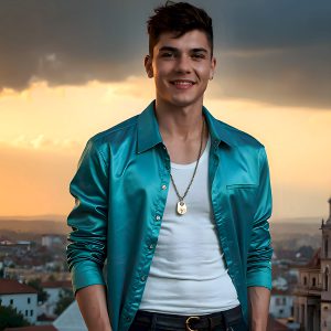 The Beautiful Young Men of the Golden City, is a collection of AI generated images of sexy, glamorous, handsome guys in the heavens. In this fantasy photograph of a young men in their late teens and 20's, overlooking a large golden city in the heavens. Generated to be as realistic as possible, in this this fantasy setting, with todays technology. Wearing jeans, an unbuttoned, vibrant, long-sleeve, button down shirt. The subject is enjoying a beautiful day outdoors. The mystical, galactic landscape, and the vibrant cosmic canopies, every detail, from the texture of the clouds, to the magnificent, majestic gothic architecture of the golden city, is crafted to create an atmosphere of reverence and divine glory. With a breathtaking scene, offering warm golden hour lighting. The heavenly landscape evokes a sense of freedom and tranquility, that is expresses through his facial features and smile, as day turns to night. The heavenly landscape evokes a sense of mysterious black space and light, with a vast galaxy that almost covers the image, the stars and constellations sparkle bright, in dark blue sky.