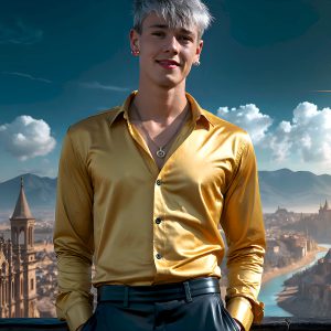The Beautiful Young Men of the Golden City, is a collection of AI generated images of sexy, glamorous, handsome guys in the heavens. In this fantasy photograph of a young men in their late teens and 20's, overlooking a large golden city in the heavens. Generated to be as realistic as possible, in this this fantasy setting, with todays technology. Wearing jeans, an unbuttoned, vibrant, long-sleeve, button down shirt. The subject is enjoying a beautiful day outdoors. The mystical, galactic landscape, and the vibrant cosmic canopies, every detail, from the texture of the clouds, to the magnificent, majestic gothic architecture of the golden city, is crafted to create an atmosphere of reverence and divine glory. With a breathtaking scene, offering warm golden hour lighting. The heavenly landscape evokes a sense of freedom and tranquility, that is expresses through his facial features and smile, as day turns to night. The heavenly landscape evokes a sense of mysterious black space and light, with a vast galaxy that almost covers the image, the stars and constellations sparkle bright, in dark blue sky.