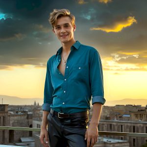 The Beautiful Young Men of the Golden City, is a collection of AI generated images of sexy, glamorous, handsome guys in the heavens. In this fantasy photograph of a young men in their late teens and 20's, overlooking a large golden city in the heavens. Generated to be as realistic as possible, in this this fantasy setting, with todays technology. Wearing jeans, an unbuttoned, vibrant, long-sleeve, button down shirt. The subject is enjoying a beautiful day outdoors. The mystical, galactic landscape, and the vibrant cosmic canopies, every detail, from the texture of the clouds, to the magnificent, majestic gothic architecture of the golden city, is crafted to create an atmosphere of reverence and divine glory. With a breathtaking scene, offering warm golden hour lighting. The heavenly landscape evokes a sense of freedom and tranquility, that is expresses through his facial features and smile, as day turns to night. The heavenly landscape evokes a sense of mysterious black space and light, with a vast galaxy that almost covers the image, the stars and constellations sparkle bright, in dark blue sky.