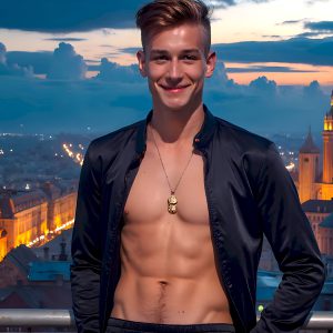 The Beautiful Young Men of the Golden City, is a collection of AI generated images of sexy, glamorous, handsome guys in the heavens. In this fantasy photograph of a young men in their late teens and 20's, overlooking a large golden city in the heavens. Generated to be as realistic as possible, in this this fantasy setting, with todays technology. Wearing jeans, an unbuttoned, vibrant, long-sleeve, button down shirt. The subject is enjoying a beautiful day outdoors. The mystical, galactic landscape, and the vibrant cosmic canopies, every detail, from the texture of the clouds, to the magnificent, majestic gothic architecture of the golden city, is crafted to create an atmosphere of reverence and divine glory. With a breathtaking scene, offering warm golden hour lighting. The heavenly landscape evokes a sense of freedom and tranquility, that is expresses through his facial features and smile, as day turns to night. The heavenly landscape evokes a sense of mysterious black space and light, with a vast galaxy that almost covers the image, the stars and constellations sparkle bright, in dark blue sky.