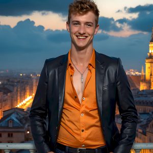 The Beautiful Young Men of the Golden City, is a collection of AI generated images of sexy, glamorous, handsome guys in the heavens. In this fantasy photograph of a young men in their late teens and 20's, overlooking a large golden city in the heavens. Generated to be as realistic as possible, in this this fantasy setting, with todays technology. Wearing jeans, an unbuttoned, vibrant, long-sleeve, button down shirt. The subject is enjoying a beautiful day outdoors. The mystical, galactic landscape, and the vibrant cosmic canopies, every detail, from the texture of the clouds, to the magnificent, majestic gothic architecture of the golden city, is crafted to create an atmosphere of reverence and divine glory. With a breathtaking scene, offering warm golden hour lighting. The heavenly landscape evokes a sense of freedom and tranquility, that is expresses through his facial features and smile, as day turns to night. The heavenly landscape evokes a sense of mysterious black space and light, with a vast galaxy that almost covers the image, the stars and constellations sparkle bright, in dark blue sky.