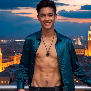 The Beautiful Young Men of the Golden City, is a collection of AI generated images of sexy, glamorous, handsome guys in the heavens. In this fantasy photograph of a young men in their late teens and 20's, overlooking a large golden city in the heavens. Generated to be as realistic as possible, in this this fantasy setting, with todays technology. Wearing jeans, an unbuttoned, vibrant, long-sleeve, button down shirt. The subject is enjoying a beautiful day outdoors. The mystical, galactic landscape, and the vibrant cosmic canopies, every detail, from the texture of the clouds, to the magnificent, majestic gothic architecture of the golden city, is crafted to create an atmosphere of reverence and divine glory. With a breathtaking scene, offering warm golden hour lighting. The heavenly landscape evokes a sense of freedom and tranquility, that is expresses through his facial features and smile, as day turns to night. The heavenly landscape evokes a sense of mysterious black space and light, with a vast galaxy that almost covers the image, the stars and constellations sparkle bright, in dark blue sky.