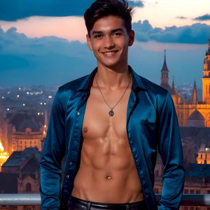 The Beautiful Young Men of the Golden City, is a collection of AI generated images of sexy, glamorous, handsome guys in the heavens. In this fantasy photograph of a young men in their late teens and 20's, overlooking a large golden city in the heavens. Generated to be as realistic as possible, in this this fantasy setting, with todays technology. Wearing jeans, an unbuttoned, vibrant, long-sleeve, button down shirt. The subject is enjoying a beautiful day outdoors. The mystical, galactic landscape, and the vibrant cosmic canopies, every detail, from the texture of the clouds, to the magnificent, majestic gothic architecture of the golden city, is crafted to create an atmosphere of reverence and divine glory. With a breathtaking scene, offering warm golden hour lighting. The heavenly landscape evokes a sense of freedom and tranquility, that is expresses through his facial features and smile, as day turns to night. The heavenly landscape evokes a sense of mysterious black space and light, with a vast galaxy that almost covers the image, the stars and constellations sparkle bright, in dark blue sky.