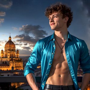 The Beautiful Young Men of the Golden City, is a collection of AI generated images of sexy, glamorous, handsome guys in the heavens. In this fantasy photograph of a young men in their late teens and 20's, overlooking a large golden city in the heavens. Generated to be as realistic as possible, in this this fantasy setting, with todays technology. Wearing jeans, an unbuttoned, vibrant, long-sleeve, button down shirt. The subject is enjoying a beautiful day outdoors. The mystical, galactic landscape, and the vibrant cosmic canopies, every detail, from the texture of the clouds, to the magnificent, majestic gothic architecture of the golden city, is crafted to create an atmosphere of reverence and divine glory. With a breathtaking scene, offering warm golden hour lighting. The heavenly landscape evokes a sense of freedom and tranquility, that is expresses through his facial features and smile, as day turns to night. The heavenly landscape evokes a sense of mysterious black space and light, with a vast galaxy that almost covers the image, the stars and constellations sparkle bright, in dark blue sky.