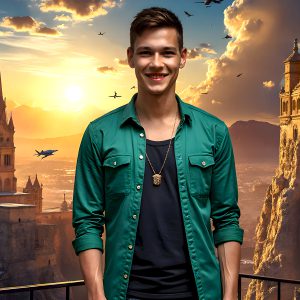 The Beautiful Young Men of the Golden City, is a collection of AI generated images of sexy, glamorous, handsome guys in the heavens. In this fantasy photograph of a young men in their late teens and 20's, overlooking a large golden city in the heavens. Generated to be as realistic as possible, in this this fantasy setting, with todays technology. Wearing jeans, an unbuttoned, vibrant, long-sleeve, button down shirt. The subject is enjoying a beautiful day outdoors. The mystical, galactic landscape, and the vibrant cosmic canopies, every detail, from the texture of the clouds, to the magnificent, majestic gothic architecture of the golden city, is crafted to create an atmosphere of reverence and divine glory. With a breathtaking scene, offering warm golden hour lighting. The heavenly landscape evokes a sense of freedom and tranquility, that is expresses through his facial features and smile, as day turns to night. The heavenly landscape evokes a sense of mysterious black space and light, with a vast galaxy that almost covers the image, the stars and constellations sparkle bright, in dark blue sky.
