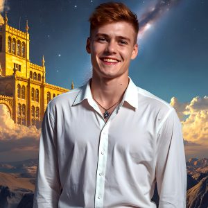 The Beautiful Young Men of the Golden City, is a collection of AI generated images of sexy, glamorous, handsome guys in the heavens. In this fantasy photograph of a young men in their late teens and 20's, overlooking a large golden city in the heavens. Generated to be as realistic as possible, in this this fantasy setting, with todays technology. Wearing jeans, an unbuttoned, vibrant, long-sleeve, button down shirt. The subject is enjoying a beautiful day outdoors. The mystical, galactic landscape, and the vibrant cosmic canopies, every detail, from the texture of the clouds, to the magnificent, majestic gothic architecture of the golden city, is crafted to create an atmosphere of reverence and divine glory. With a breathtaking scene, offering warm golden hour lighting. The heavenly landscape evokes a sense of freedom and tranquility, that is expresses through his facial features and smile, as day turns to night. The heavenly landscape evokes a sense of mysterious black space and light, with a vast galaxy that almost covers the image, the stars and constellations sparkle bright, in dark blue sky.