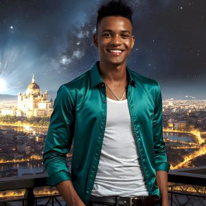 The Beautiful Young Men of the Golden City, is a collection of AI generated images of sexy, glamorous, handsome guys in the heavens. In this fantasy photograph of a young men in their late teens and 20's, overlooking a large golden city in the heavens. Generated to be as realistic as possible, in this this fantasy setting, with todays technology. Wearing jeans, an unbuttoned, vibrant, long-sleeve, button down shirt. The subject is enjoying a beautiful day outdoors. The mystical, galactic landscape, and the vibrant cosmic canopies, every detail, from the texture of the clouds, to the magnificent, majestic gothic architecture of the golden city, is crafted to create an atmosphere of reverence and divine glory. With a breathtaking scene, offering warm golden hour lighting. The heavenly landscape evokes a sense of freedom and tranquility, that is expresses through his facial features and smile, as day turns to night. The heavenly landscape evokes a sense of mysterious black space and light, with a vast galaxy that almost covers the image, the stars and constellations sparkle bright, in dark blue sky.