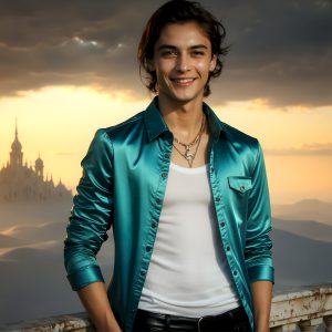 The Beautiful Young Men of the Golden City, is a collection of AI generated images of sexy, glamorous, handsome guys in the heavens. In this fantasy photograph of a young men in their late teens and 20's, overlooking a large golden city in the heavens. Generated to be as realistic as possible, in this this fantasy setting, with todays technology. Wearing jeans, an unbuttoned, vibrant, long-sleeve, button down shirt. The subject is enjoying a beautiful day outdoors. The mystical, galactic landscape, and the vibrant cosmic canopies, every detail, from the texture of the clouds, to the magnificent, majestic gothic architecture of the golden city, is crafted to create an atmosphere of reverence and divine glory. With a breathtaking scene, offering warm golden hour lighting. The heavenly landscape evokes a sense of freedom and tranquility, that is expresses through his facial features and smile, as day turns to night. The heavenly landscape evokes a sense of mysterious black space and light, with a vast galaxy that almost covers the image, the stars and constellations sparkle bright, in dark blue sky.