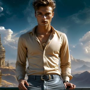 The Beautiful Young Men of the Golden City, is a collection of AI generated images of sexy, glamorous, handsome guys in the heavens. In this fantasy photograph of a young men in their late teens and 20's, overlooking a large golden city in the heavens. Generated to be as realistic as possible, in this this fantasy setting, with todays technology. Wearing jeans, an unbuttoned, vibrant, long-sleeve, button down shirt. The subject is enjoying a beautiful day outdoors. The mystical, galactic landscape, and the vibrant cosmic canopies, every detail, from the texture of the clouds, to the magnificent, majestic gothic architecture of the golden city, is crafted to create an atmosphere of reverence and divine glory. With a breathtaking scene, offering warm golden hour lighting. The heavenly landscape evokes a sense of freedom and tranquility, that is expresses through his facial features and smile, as day turns to night. The heavenly landscape evokes a sense of mysterious black space and light, with a vast galaxy that almost covers the image, the stars and constellations sparkle bright, in dark blue sky.