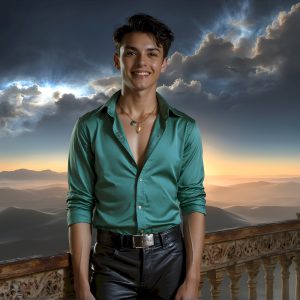 The Beautiful Young Men of the Golden City, is a collection of AI generated images of sexy, glamorous, handsome guys in the heavens. In this fantasy photograph of a young men in their late teens and 20's, overlooking a large golden city in the heavens. Generated to be as realistic as possible, in this this fantasy setting, with todays technology. Wearing jeans, an unbuttoned, vibrant, long-sleeve, button down shirt. The subject is enjoying a beautiful day outdoors. The mystical, galactic landscape, and the vibrant cosmic canopies, every detail, from the texture of the clouds, to the magnificent, majestic gothic architecture of the golden city, is crafted to create an atmosphere of reverence and divine glory. With a breathtaking scene, offering warm golden hour lighting. The heavenly landscape evokes a sense of freedom and tranquility, that is expresses through his facial features and smile, as day turns to night. The heavenly landscape evokes a sense of mysterious black space and light, with a vast galaxy that almost covers the image, the stars and constellations sparkle bright, in dark blue sky.