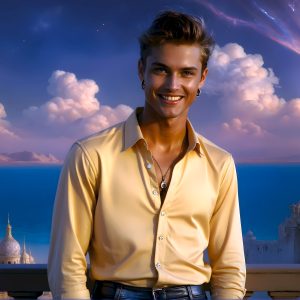 The Beautiful Young Men of the Golden City, is a collection of AI generated images of sexy, glamorous, handsome guys in the heavens. In this fantasy photograph of a young men in their late teens and 20's, overlooking a large golden city in the heavens. Generated to be as realistic as possible, in this this fantasy setting, with todays technology. Wearing jeans, an unbuttoned, vibrant, long-sleeve, button down shirt. The subject is enjoying a beautiful day outdoors. The mystical, galactic landscape, and the vibrant cosmic canopies, every detail, from the texture of the clouds, to the magnificent, majestic gothic architecture of the golden city, is crafted to create an atmosphere of reverence and divine glory. With a breathtaking scene, offering warm golden hour lighting. The heavenly landscape evokes a sense of freedom and tranquility, that is expresses through his facial features and smile, as day turns to night. The heavenly landscape evokes a sense of mysterious black space and light, with a vast galaxy that almost covers the image, the stars and constellations sparkle bright, in dark blue sky.