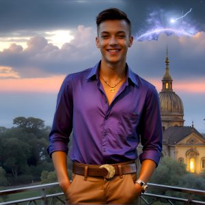 The Beautiful Young Men of the Golden City, is a collection of AI generated images of sexy, glamorous, handsome guys in the heavens. In this fantasy photograph of a young men in their late teens and 20's, overlooking a large golden city in the heavens. Generated to be as realistic as possible, in this this fantasy setting, with todays technology. Wearing jeans, an unbuttoned, vibrant, long-sleeve, button down shirt. The subject is enjoying a beautiful day outdoors. The mystical, galactic landscape, and the vibrant cosmic canopies, every detail, from the texture of the clouds, to the magnificent, majestic gothic architecture of the golden city, is crafted to create an atmosphere of reverence and divine glory. With a breathtaking scene, offering warm golden hour lighting. The heavenly landscape evokes a sense of freedom and tranquility, that is expresses through his facial features and smile, as day turns to night. The heavenly landscape evokes a sense of mysterious black space and light, with a vast galaxy that almost covers the image, the stars and constellations sparkle bright, in dark blue sky.