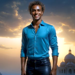 The Beautiful Young Men of the Golden City, is a collection of AI generated images of sexy, glamorous, handsome guys in the heavens. In this fantasy photograph of a young men in their late teens and 20's, overlooking a large golden city in the heavens. Generated to be as realistic as possible, in this this fantasy setting, with todays technology. Wearing jeans, an unbuttoned, vibrant, long-sleeve, button down shirt. The subject is enjoying a beautiful day outdoors. The mystical, galactic landscape, and the vibrant cosmic canopies, every detail, from the texture of the clouds, to the magnificent, majestic gothic architecture of the golden city, is crafted to create an atmosphere of reverence and divine glory. With a breathtaking scene, offering warm golden hour lighting. The heavenly landscape evokes a sense of freedom and tranquility, that is expresses through his facial features and smile, as day turns to night. The heavenly landscape evokes a sense of mysterious black space and light, with a vast galaxy that almost covers the image, the stars and constellations sparkle bright, in dark blue sky.
