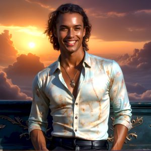 The Beautiful Young Men of the Golden City, is a collection of AI generated images of sexy, glamorous, handsome guys in the heavens. In this fantasy photograph of a young men in their late teens and 20's, overlooking a large golden city in the heavens. Generated to be as realistic as possible, in this this fantasy setting, with todays technology. Wearing jeans, an unbuttoned, vibrant, long-sleeve, button down shirt. The subject is enjoying a beautiful day outdoors. The mystical, galactic landscape, and the vibrant cosmic canopies, every detail, from the texture of the clouds, to the magnificent, majestic gothic architecture of the golden city, is crafted to create an atmosphere of reverence and divine glory. With a breathtaking scene, offering warm golden hour lighting. The heavenly landscape evokes a sense of freedom and tranquility, that is expresses through his facial features and smile, as day turns to night. The heavenly landscape evokes a sense of mysterious black space and light, with a vast galaxy that almost covers the image, the stars and constellations sparkle bright, in dark blue sky.