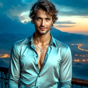 The Beautiful Young Men of the Golden City, is a collection of AI generated images of sexy, glamorous, handsome guys in the heavens. In this fantasy photograph of a young men in their late teens and 20's, overlooking a large golden city in the heavens. Generated to be as realistic as possible, in this this fantasy setting, with todays technology. Wearing jeans, an unbuttoned, vibrant, long-sleeve, button down shirt. The subject is enjoying a beautiful day outdoors. The mystical, galactic landscape, and the vibrant cosmic canopies, every detail, from the texture of the clouds, to the magnificent, majestic gothic architecture of the golden city, is crafted to create an atmosphere of reverence and divine glory. With a breathtaking scene, offering warm golden hour lighting. The heavenly landscape evokes a sense of freedom and tranquility, that is expresses through his facial features and smile, as day turns to night. The heavenly landscape evokes a sense of mysterious black space and light, with a vast galaxy that almost covers the image, the stars and constellations sparkle bright, in dark blue sky.