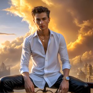 The Beautiful Young Men of the Golden City, is a collection of AI generated images of sexy, glamorous, handsome guys in the heavens. In this fantasy photograph of a young men in their late teens and 20's, overlooking a large golden city in the heavens. Generated to be as realistic as possible, in this this fantasy setting, with todays technology. Wearing jeans, an unbuttoned, vibrant, long-sleeve, button down shirt. The subject is enjoying a beautiful day outdoors. The mystical, galactic landscape, and the vibrant cosmic canopies, every detail, from the texture of the clouds, to the magnificent, majestic gothic architecture of the golden city, is crafted to create an atmosphere of reverence and divine glory. With a breathtaking scene, offering warm golden hour lighting. The heavenly landscape evokes a sense of freedom and tranquility, that is expresses through his facial features and smile, as day turns to night. The heavenly landscape evokes a sense of mysterious black space and light, with a vast galaxy that almost covers the image, the stars and constellations sparkle bright, in dark blue sky.
