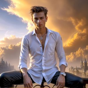The Beautiful Young Men of the Golden City, is a collection of AI generated images of sexy, glamorous, handsome guys in the heavens. In this fantasy photograph of a young men in their late teens and 20's, overlooking a large golden city in the heavens. Generated to be as realistic as possible, in this this fantasy setting, with todays technology. Wearing jeans, an unbuttoned, vibrant, long-sleeve, button down shirt. The subject is enjoying a beautiful day outdoors. The mystical, galactic landscape, and the vibrant cosmic canopies, every detail, from the texture of the clouds, to the magnificent, majestic gothic architecture of the golden city, is crafted to create an atmosphere of reverence and divine glory. With a breathtaking scene, offering warm golden hour lighting. The heavenly landscape evokes a sense of freedom and tranquility, that is expresses through his facial features and smile, as day turns to night. The heavenly landscape evokes a sense of mysterious black space and light, with a vast galaxy that almost covers the image, the stars and constellations sparkle bright, in dark blue sky.