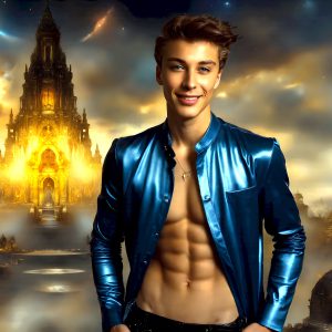 The Beautiful Young Men of the Golden City, is a collection of AI generated images of sexy, glamorous, handsome guys in the heavens. In this fantasy photograph of a young men in their late teens and 20's, overlooking a large golden city in the heavens. Generated to be as realistic as possible, in this this fantasy setting, with todays technology. Wearing jeans, an unbuttoned, vibrant, long-sleeve, button down shirt. The subject is enjoying a beautiful day outdoors. The mystical, galactic landscape, and the vibrant cosmic canopies, every detail, from the texture of the clouds, to the magnificent, majestic gothic architecture of the golden city, is crafted to create an atmosphere of reverence and divine glory. With a breathtaking scene, offering warm golden hour lighting. The heavenly landscape evokes a sense of freedom and tranquility, that is expresses through his facial features and smile, as day turns to night. The heavenly landscape evokes a sense of mysterious black space and light, with a vast galaxy that almost covers the image, the stars and constellations sparkle bright, in dark blue sky.