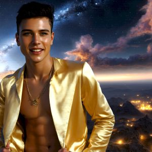 The Beautiful Young Men of the Golden City, is a collection of AI generated images of sexy, glamorous, handsome guys in the heavens. In this fantasy photograph of a young men in their late teens and 20's, overlooking a large golden city in the heavens. Generated to be as realistic as possible, in this this fantasy setting, with todays technology. Wearing jeans, an unbuttoned, vibrant, long-sleeve, button down shirt. The subject is enjoying a beautiful day outdoors. The mystical, galactic landscape, and the vibrant cosmic canopies, every detail, from the texture of the clouds, to the magnificent, majestic gothic architecture of the golden city, is crafted to create an atmosphere of reverence and divine glory. With a breathtaking scene, offering warm golden hour lighting. The heavenly landscape evokes a sense of freedom and tranquility, that is expresses through his facial features and smile, as day turns to night. The heavenly landscape evokes a sense of mysterious black space and light, with a vast galaxy that almost covers the image, the stars and constellations sparkle bright, in dark blue sky.