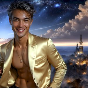 The Beautiful Young Men of the Golden City, is a collection of AI generated images of sexy, glamorous, handsome guys in the heavens. In this fantasy photograph of a young men in their late teens and 20's, overlooking a large golden city in the heavens. Generated to be as realistic as possible, in this this fantasy setting, with todays technology. Wearing jeans, an unbuttoned, vibrant, long-sleeve, button down shirt. The subject is enjoying a beautiful day outdoors. The mystical, galactic landscape, and the vibrant cosmic canopies, every detail, from the texture of the clouds, to the magnificent, majestic gothic architecture of the golden city, is crafted to create an atmosphere of reverence and divine glory. With a breathtaking scene, offering warm golden hour lighting. The heavenly landscape evokes a sense of freedom and tranquility, that is expresses through his facial features and smile, as day turns to night. The heavenly landscape evokes a sense of mysterious black space and light, with a vast galaxy that almost covers the image, the stars and constellations sparkle bright, in dark blue sky.