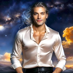 The Beautiful Young Men of the Golden City, is a collection of AI generated images of sexy, glamorous, handsome guys in the heavens. In this fantasy photograph of a young men in their late teens and 20's, overlooking a large golden city in the heavens. Generated to be as realistic as possible, in this this fantasy setting, with todays technology. Wearing jeans, an unbuttoned, vibrant, long-sleeve, button down shirt. The subject is enjoying a beautiful day outdoors. The mystical, galactic landscape, and the vibrant cosmic canopies, every detail, from the texture of the clouds, to the magnificent, majestic gothic architecture of the golden city, is crafted to create an atmosphere of reverence and divine glory. With a breathtaking scene, offering warm golden hour lighting. The heavenly landscape evokes a sense of freedom and tranquility, that is expresses through his facial features and smile, as day turns to night. The heavenly landscape evokes a sense of mysterious black space and light, with a vast galaxy that almost covers the image, the stars and constellations sparkle bright, in dark blue sky.