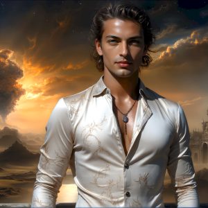 The Beautiful Young Men of the Golden City, is a collection of AI generated images of sexy, glamorous, handsome guys in the heavens. In this fantasy photograph of a young men in their late teens and 20's, overlooking a large golden city in the heavens. Generated to be as realistic as possible, in this this fantasy setting, with todays technology. Wearing jeans, an unbuttoned, vibrant, long-sleeve, button down shirt. The subject is enjoying a beautiful day outdoors. The mystical, galactic landscape, and the vibrant cosmic canopies, every detail, from the texture of the clouds, to the magnificent, majestic gothic architecture of the golden city, is crafted to create an atmosphere of reverence and divine glory. With a breathtaking scene, offering warm golden hour lighting. The heavenly landscape evokes a sense of freedom and tranquility, that is expresses through his facial features and smile, as day turns to night. The heavenly landscape evokes a sense of mysterious black space and light, with a vast galaxy that almost covers the image, the stars and constellations sparkle bright, in dark blue sky.